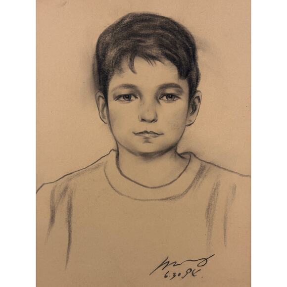 Vintage Pencil Drawing of Boy - Wall Art Portrait 1990s OOAK - Picture 7 of 11